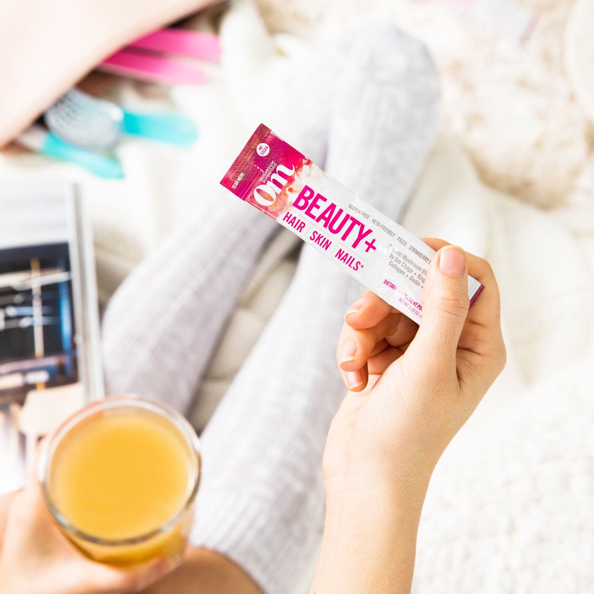The #mushroom #superfood to get you glowing: BEAUTY+ drink sticks 🍓🍋. Powered by #Chaga, plus Marine #Collagen, Biotin and Vitamin E. Just add 12 ounces of water, shake, sip and ommmm. #beauty #mushroomsareourmantra