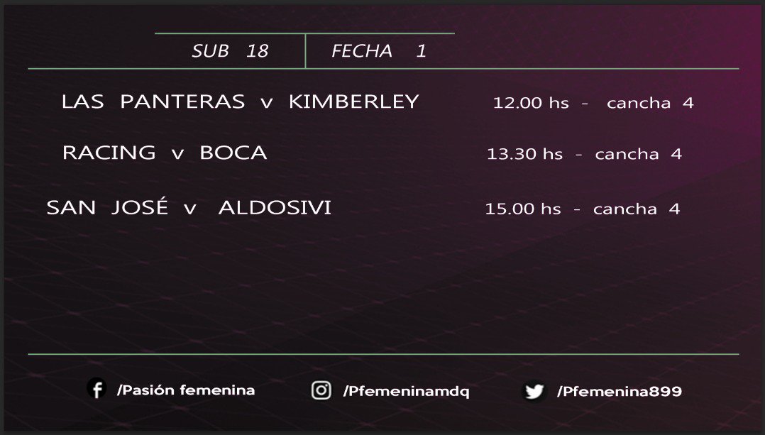 Pfemeninamdq's tweet photo. Cronograma de la 1er fecha del Campeonato Apertura de #Affeba a disputarse el domingo 17 de Marzo en la Villa Deportiva de #Independiente.
#PrimeraA | #PrimeraB | #Reserva | #Sub18 | *** Lanús vs Kimberley Primera B*** https://t.co/ne3kZP4ChD
