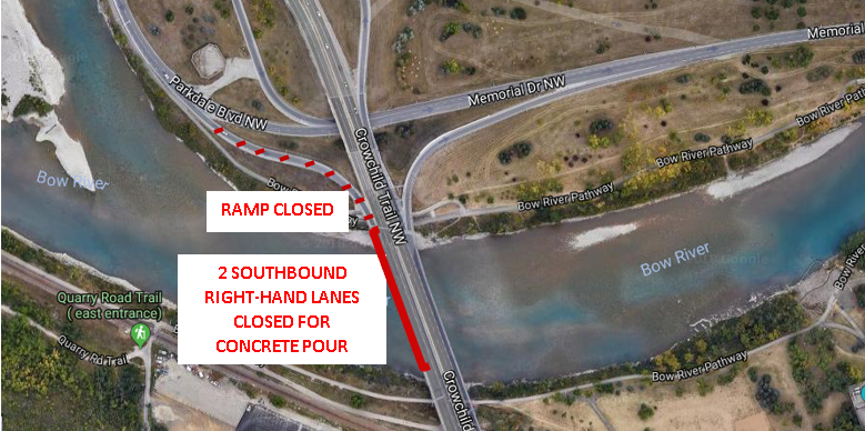 cityofcalgary's tweet photo. Closure alert on Crowchild Trail for the weekend:

On Saturday, March 16, from 5 am – 3 pm:
• Double lane closure on southbound Crowchild Trail over the Bow River 
• FULL CLOSURE of the southbound Crowchild Trail ramp from eastbound Memorial Drive/Parkdale Blvd

#yyctraffic https://t.co/O1cTJkeN7u