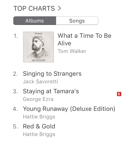 Both <a href="/HattieBriggs/">Hattie Briggs</a> albums #YoungRunaway #RedandGold now in the Apple Music charts at number 4 and 5, just below <a href="/JackSavoretti/">Jack Savoretti</a> and <a href="/georgeezra_uk/">George Ezra Fans UK</a>.  Keep Streamin'!!