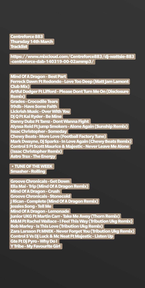 Listen back now to my latest show on <a href="/Centreforce883/">Centreforce Radio</a>  mixcloud.com/Centreforce883… @mindofadragon <a href="/djqmusic/">DJ Q | Bassline - UKG - DJ / Producer</a> <a href="/MajesticOnline/">MAJESTIC</a> <a href="/smasherofficial/">SMASHER</a> <a href="/GROOVECHRONICLE/">NOODLES GROOVECHRONICLES</a> <a href="/thorn_uk/">Thorn</a> <a href="/KaiRyder/">Kai Ryder</a> @SunshipOfficial <a href="/DannyDubbz/">DannyDubbz</a> <a href="/disclosure/">Disclosure</a> <a href="/MattJamLamont/">Matt Jam Lamont</a> <a href="/GRADES/">GRADES</a> <a href="/lickrishmusic/"> Bobby - Lickrish </a> <a href="/manlikeissac/">Manlikeissac</a> <a href="/controlsmusic/">Control-S</a>