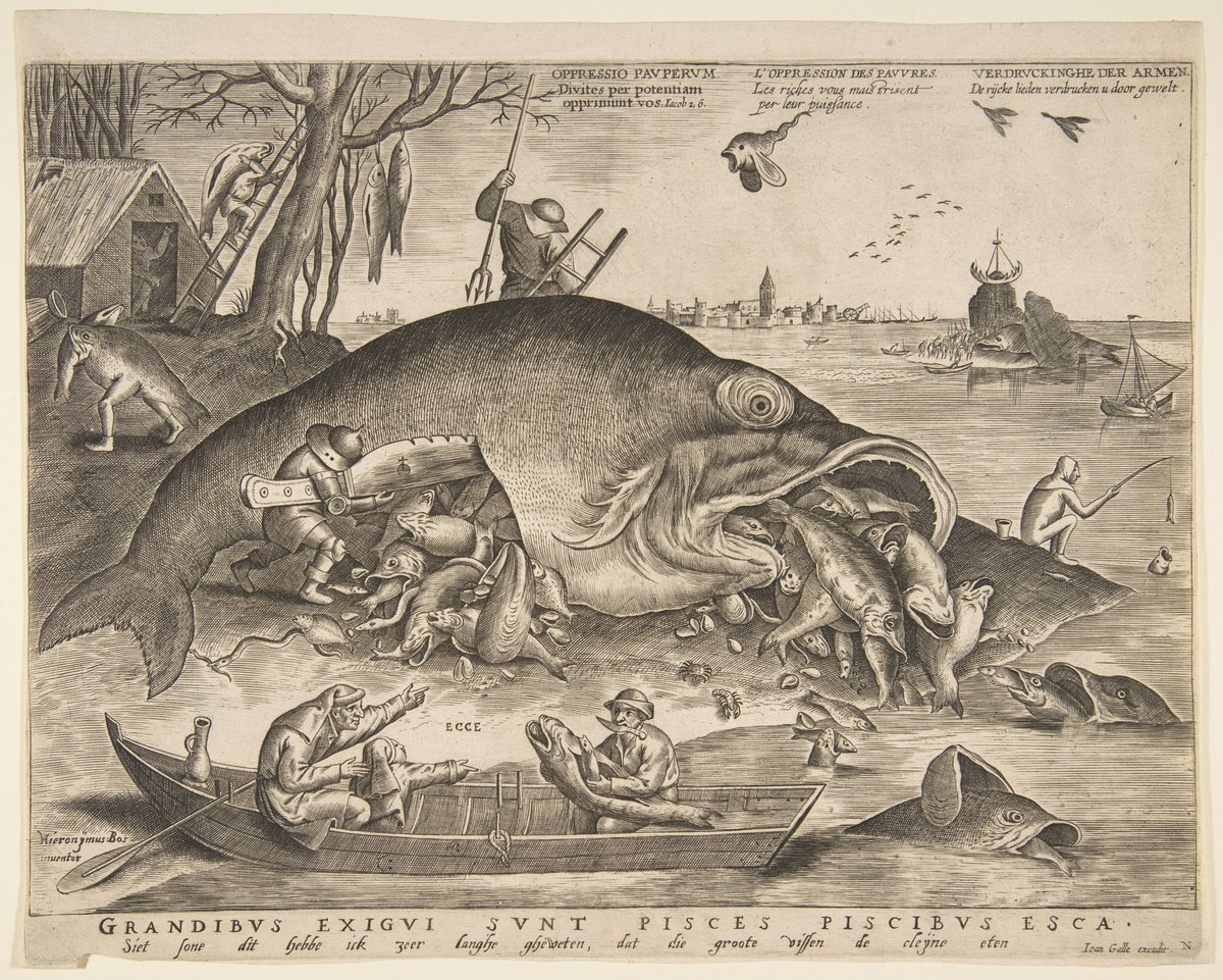 DeadmanMax's tweet image. "Big Fish Eat Little Fish" engraving by Pieter van der Heyden, of Pieter Bruegel the Elder (1557)