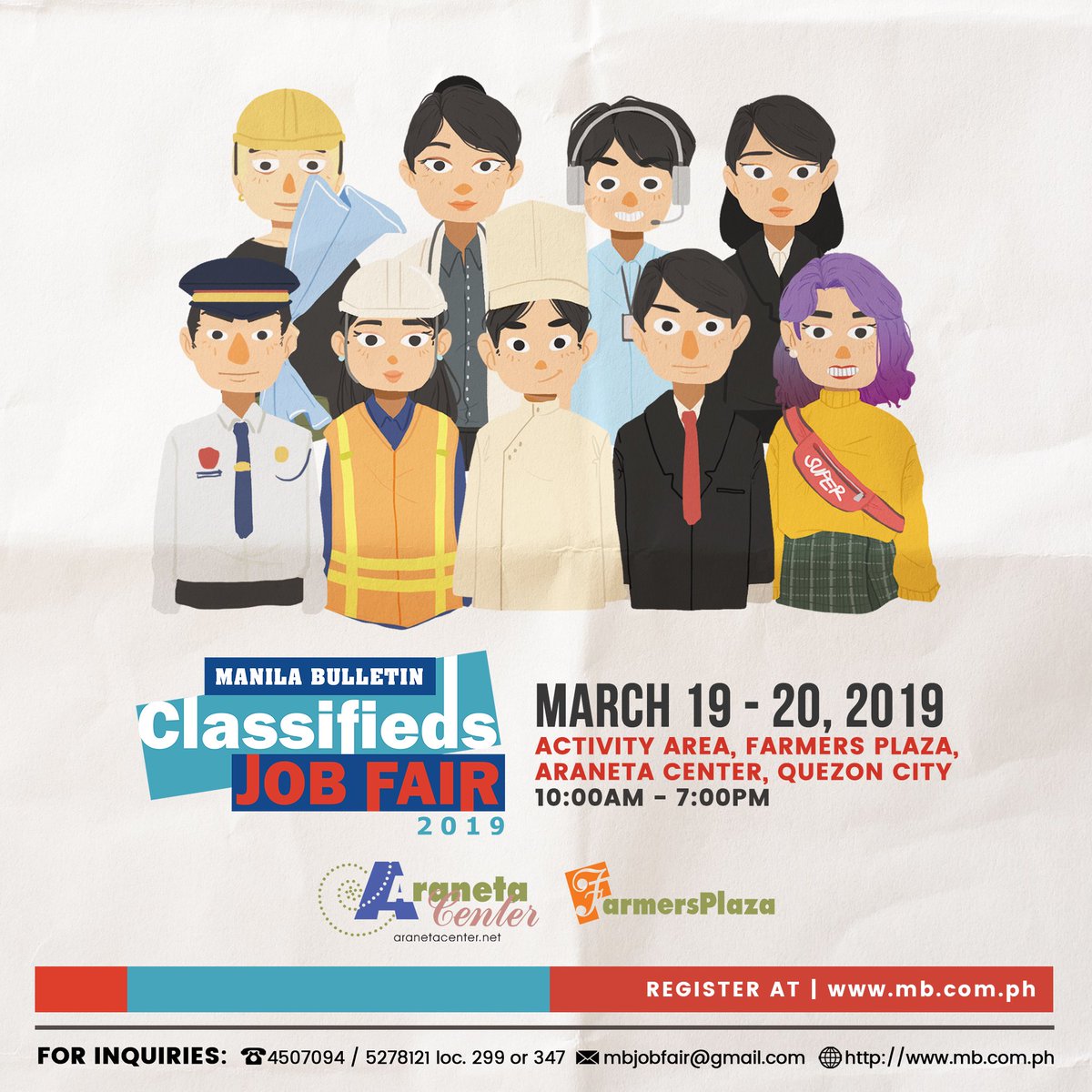 manilabulletin's tweet photo. Make 2019 your best year yet!

Land on your dream job by catching opportunities at the #MBJobFair on March 19-20, 2019 at the Activity Area of Farmers Plaza in Araneta Center, Quezon City. Gates open at 10AM to 7PM.

See you there!! https://t.co/GDSQn1M6to