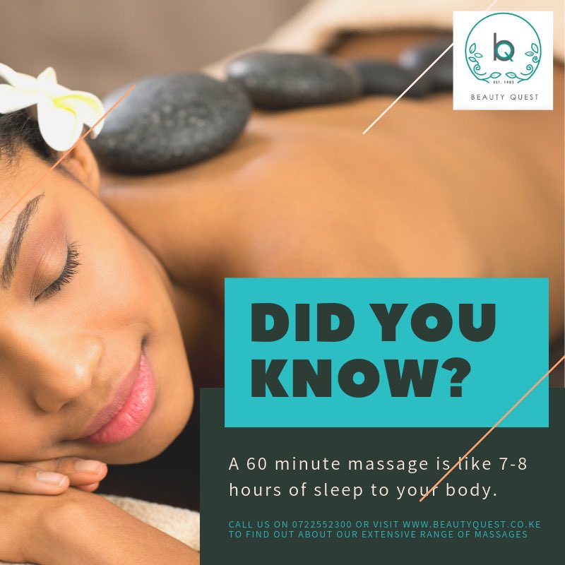 beautyquestspa's tweet photo. Fun Fact Friday! Getting a full night's sleep is as simple as hopping on to a massage table for an hour!
Call us on 0722552300 or visit https://t.co/FvdLMd8XbT
#relaxrefreshrenew #selflove #beauty #bqlovesyou #spa #chill #nairobi #massage #facial https://t.co/mz9x8ADXE8