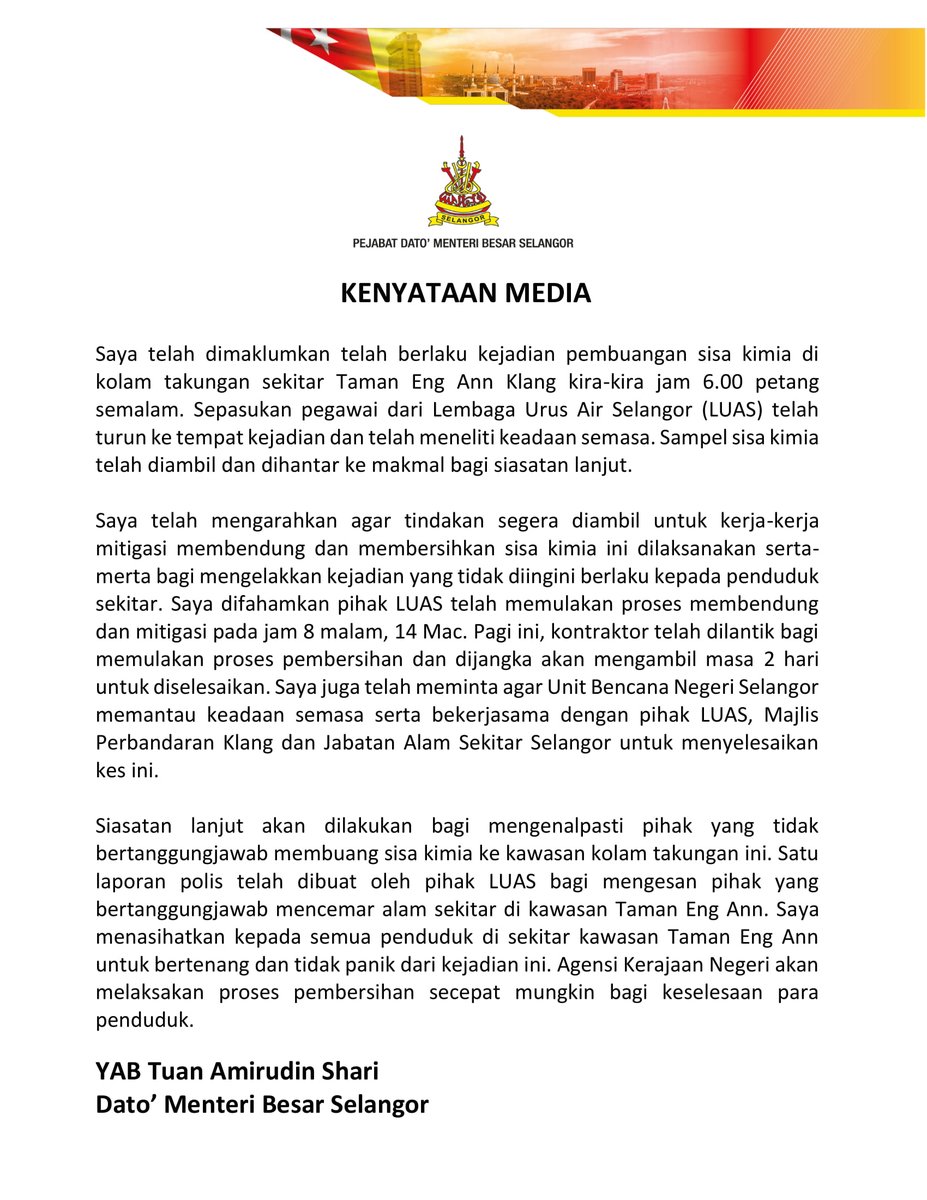 AmirudinShari's tweet photo. Pembuangan Sisa Kimia di Taman Eng Ann, Klang

Saya telah mengarahkan agar tindakan segera diambil untuk kerja-kerja mitigasi membendung dan membersihkan sisa kimia ini dilaksanakan serta-merta. 

Agensi kerajaan akan memantau keadaan dan menjalankan siasatan segera https://t.co/PxhhtXUtlh