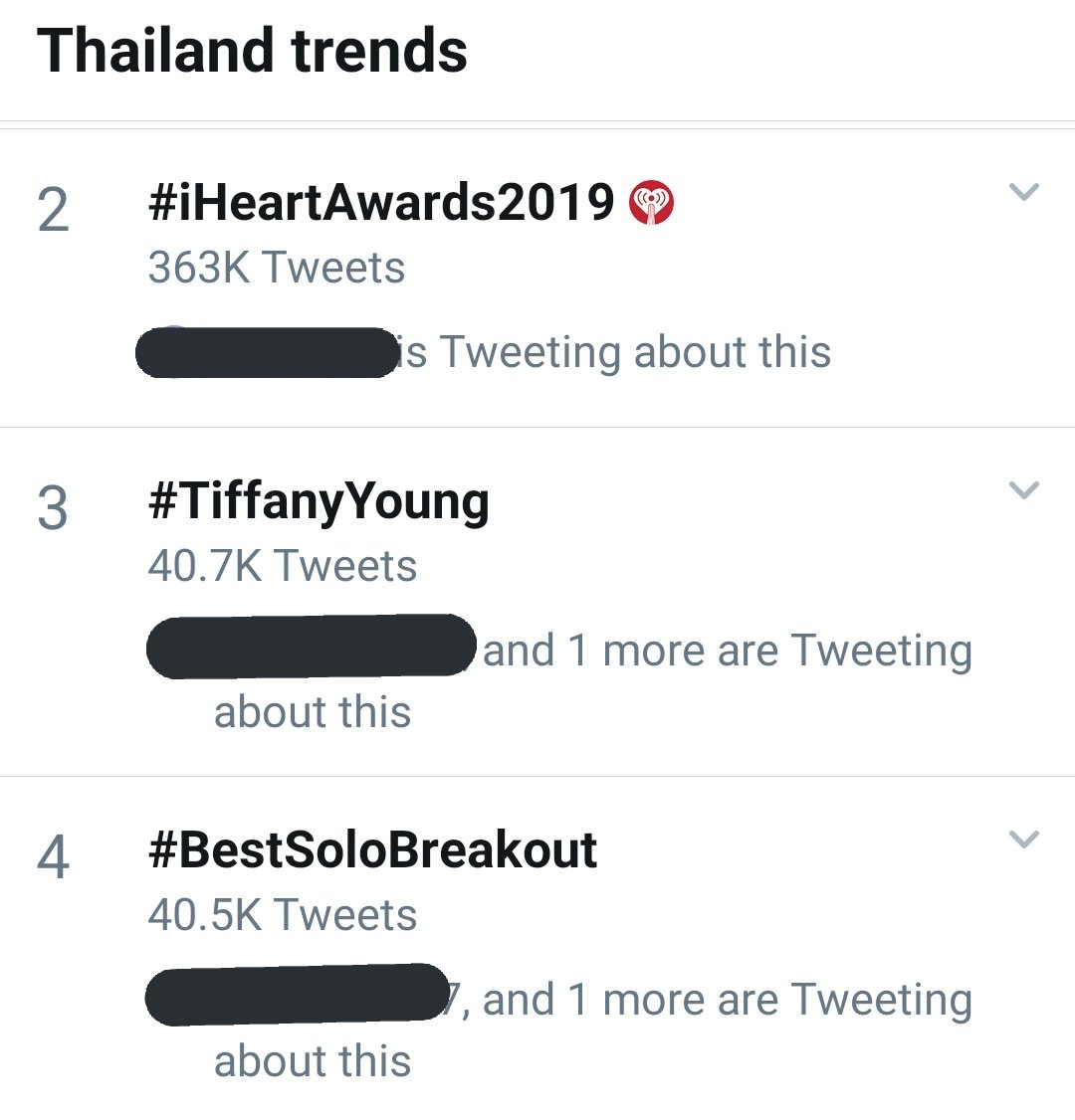Thailand Trends
2. #IHEARTAWARDS2019
3. #TiffanyYoung
4. #BestSoloBreakout
@tiffanyyoung