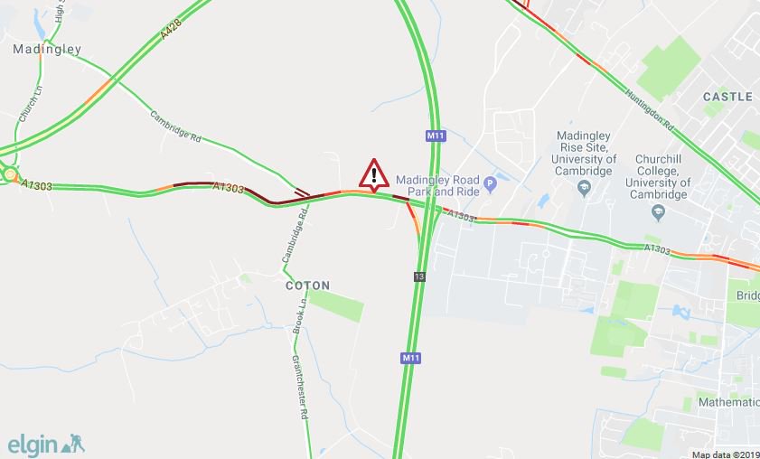 Cambs_Traffic's tweet photo. ⚠️ #A1303 Madingley Road eastbound #Cambridge between #Coton and #M11: RTC partially blocking the road. Police are en-route. Please approach with care and expect delays. https://t.co/59EFyW4aUJ