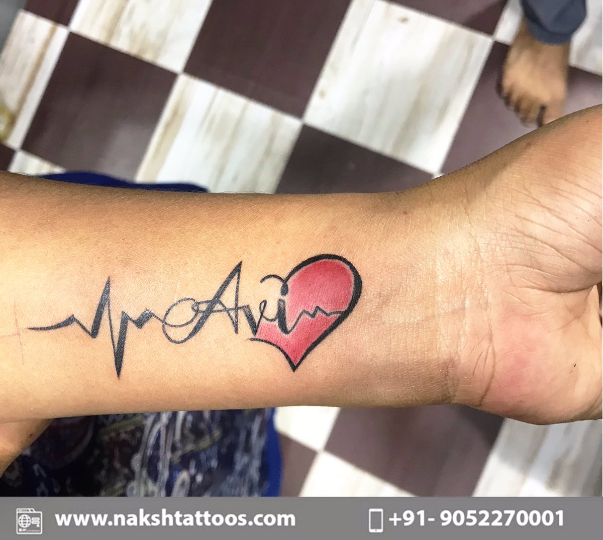 Heartbeat Name Tattoos On Wrist With Hearts