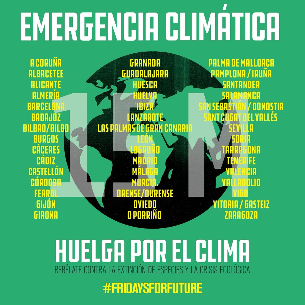 PartidoPACMA's tweet photo. ☀️ ¡Buenos días!

Impresiona ver todas las ciudades españolas que se sumarán hoy a la convocatoria de @JuventudXClima. Los jóvenes saldrán a la calle para luchar por un futuro mejor.

El momento de salvar el 🌍 es AHORA! 📢 ¡Movilízate! #15MClimático #FridaysForFuture #FelizFinde https://t.co/rly4Vu9Ht8