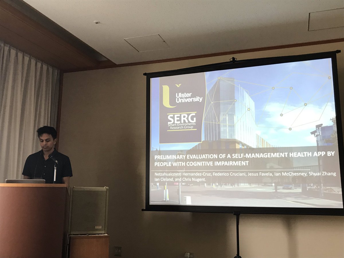 mattgarciablitz's tweet photo. Netzahualcóyotl Hernández-Cruz presenting the paper entitled: “Preliminary Evaluation of a Self-Management Health App by People with Cognitive Impairment” #PerCom2019 #PerHealth2019 @SERG_Ulster https://t.co/c7HTbKMdT4