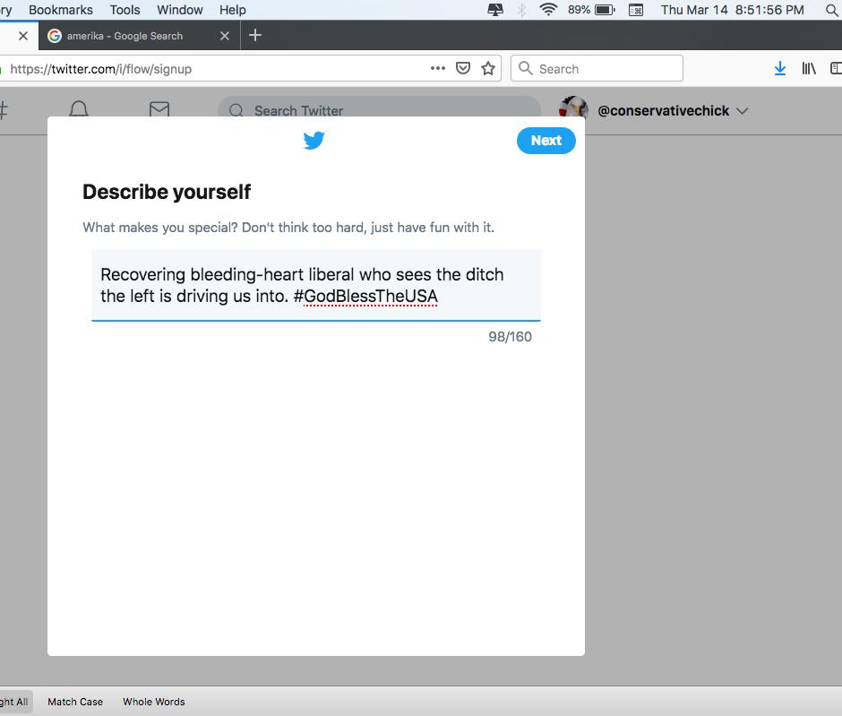 TraditionalGal's tweet photo. Original bio during sign-up apparently broke the rules! Outta be  interesting to see how far I get before being completely censored.  

Whatever happened to just having fun with it!! https://t.co/QnMaS2ZJji