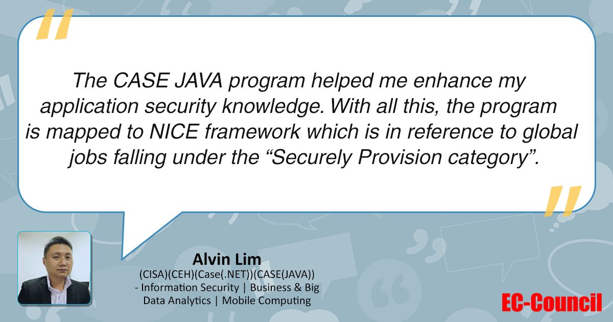 ECCOUNCIL's tweet image. We are proud to share feedback from Alvin Lim, who is Owner at WCN (S) Pte Ltd, Talks About C|ASE JAVA.   

Learn more about his experience: lnkd.in/fe3D9qN

#ApplicationSecurity #JAVA #CASEJAVA #cybersecurity #IamECCouncil #infosec #eccouncilblog