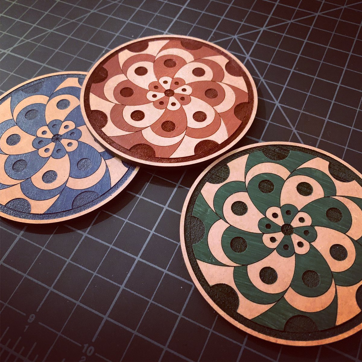 Coasters for phase 1, all three colors will be available once launched. Also! Working on a secondary design. 

#lasercutart #lasercutting #lasercut #geometricdesign #crafts #etsy