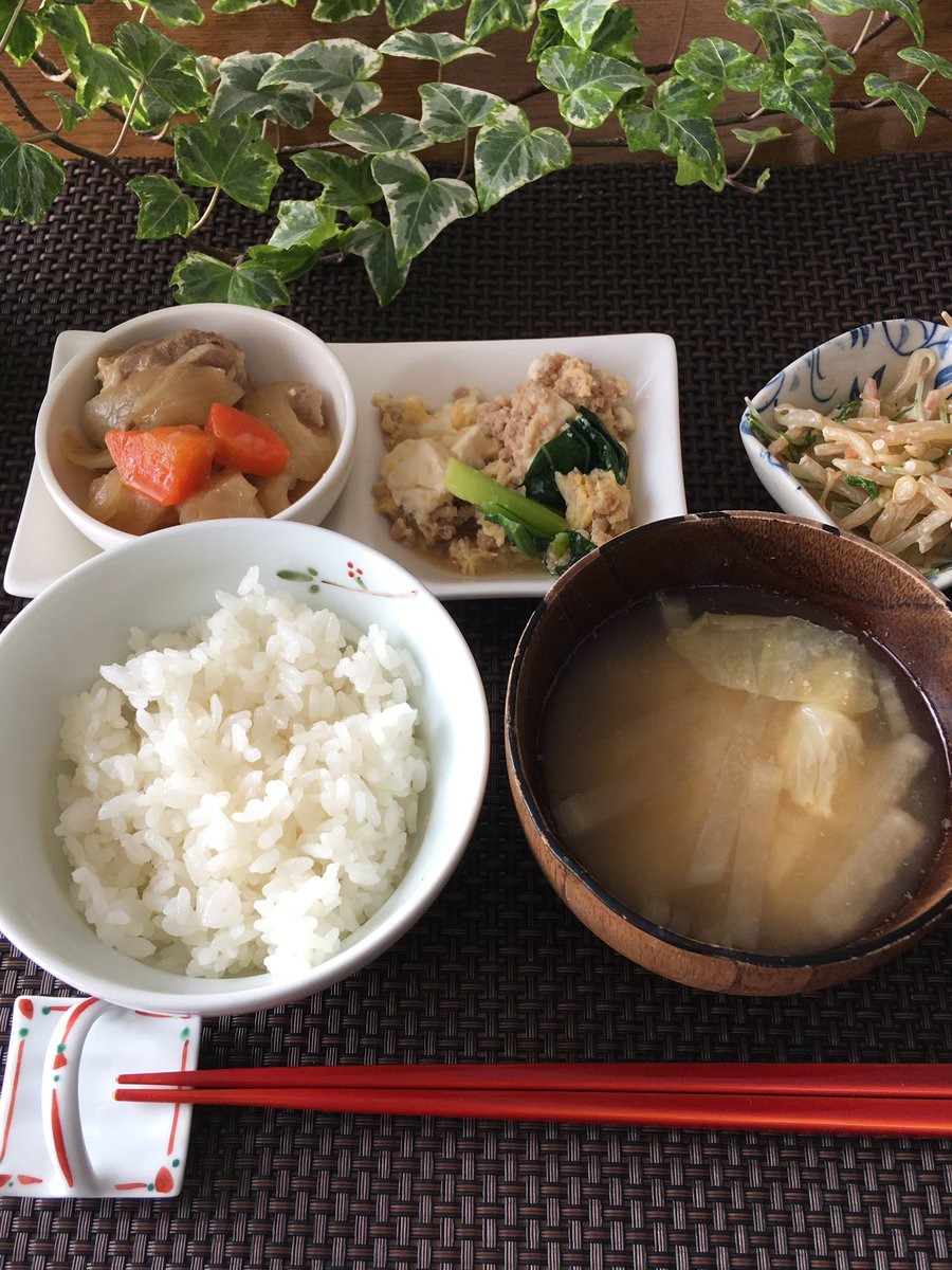 鈴木るる子さんのツイート 主婦のお昼ごはん 昨日の 残り物寄せ集めで ポトフ 鶏ひき肉の豆腐煮 もやしと水菜のサラダ ポトフのお肉 圧力鍋で６分にしたら柔らかくてとても美味しかった おうちごはん 昼ごはん ランチ