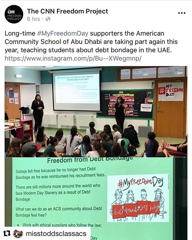 ACS Abu Dhabi Elem (@acsabudhabies) on Twitter photo Thank you <a href="/cnnfreedom/">CNN Freedom Project</a> for empowering students to have a voice in the fight against modern-day slavery. @acsadelementary and #wearefifthgradeacs are holding a TEDx Youth Freedom event to continue to raise awareness March 26. #myfreedomday #misstoddsclassa… ift.tt/2UC12Dr Thank you <a href="/cnnfreedom/">CNN Freedom Project</a> for empowering students to have a voice in the fight against modern-day slavery. @acsadelementary and #wearefifthgradeacs are holding a TEDx Youth Freedom event to continue to raise awareness March 26. #myfreedomday #misstoddsclassa… ift.tt/2UC12Dr