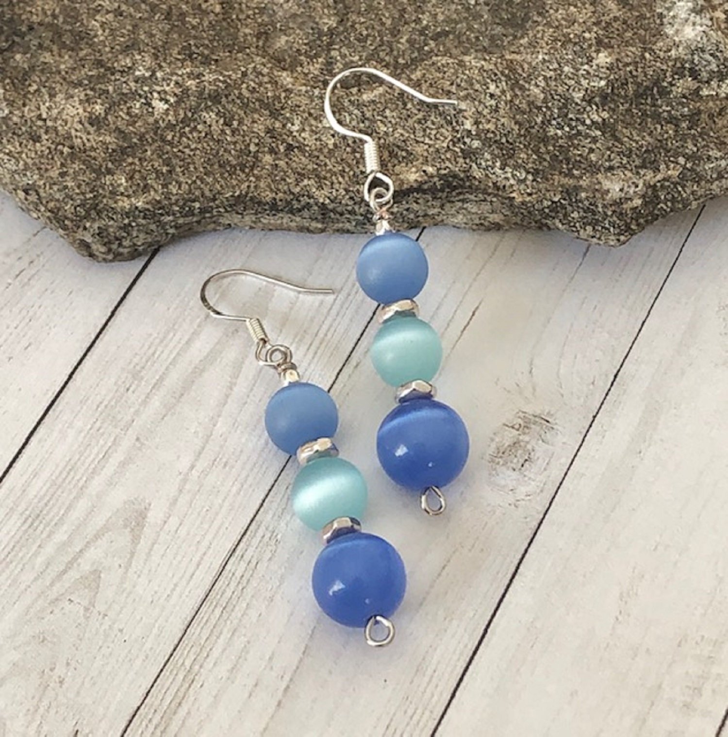 Sterling Silver Blue Cats Eye Bead And Glass Dangle Earrings-NWT 
