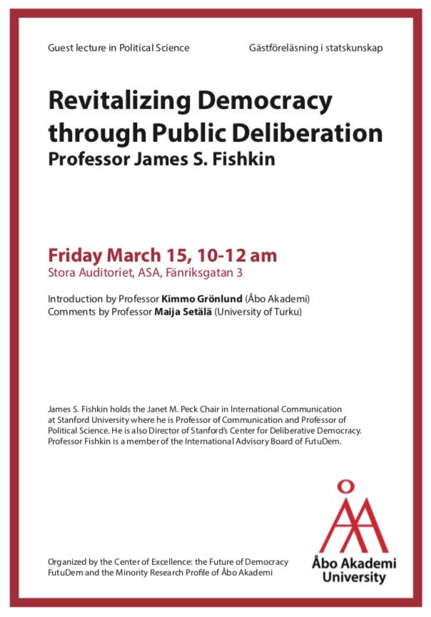 Samforsk_Abo's tweet image. You can follow Fishkin’s lecture via Zoom, live today at 10:15 EET
aboakademi.zoom.us/j/803068565

#deliberation #DemInno #FutuDem