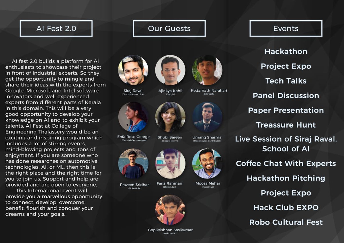 We are excited to announce that <a href="/SOAiKerala/">School Of AI Kerala</a> is partnering with IEDC to conduct Kerala's biggest AI event.Come Join us
aifest.iedccoet.org
<a href="/sirajraval/">Siraj Raval</a> <a href="/ajinkyakolhe112/">Ajinkya Kolhe</a> <a href="/shubhi_sareen/">Shubhi Sareen</a> <a href="/umang_sha/">Umang Sharma</a> @enfageorge <a href="/farizrahman4u/">Fariz Rahman</a> <a href="/mlnoone/">Mohan Noone</a> <a href="/meharmp/">Mehar MP</a> @gksoriginal <a href="/psbots/">Praveen Sridhar</a> @SchoolOfAIOffic