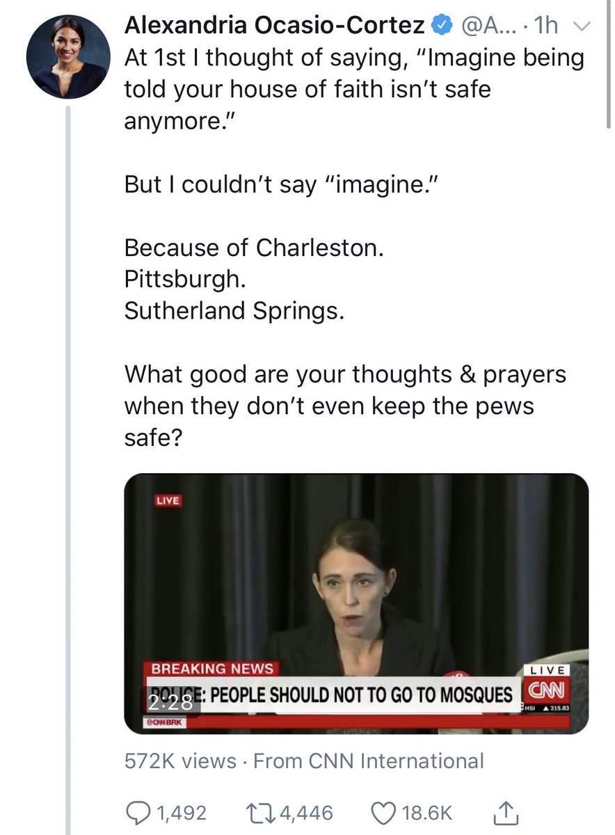 robbystarbuck's tweet photo. Public Service Announcement for Leftists blaming the NRA for a mass shooting in New Zealand:

The NRA does not operate in New Zealand and NZ has very strict gun laws.*

Stop demonizing prayers. You look foolish.

*No I’m not an NRA member but you may make me reconsider. https://t.co/mef6yjrdTc