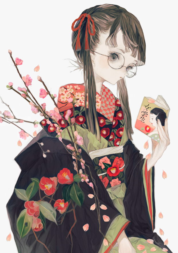 1girl solo japanese clothes kimono book glasses holding book  illustration images