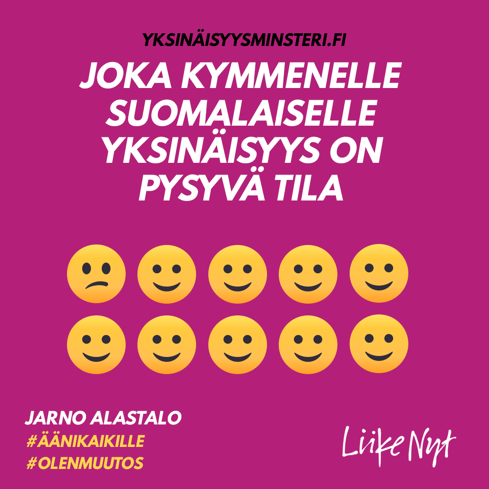 SocialJarno's tweet photo. Joka kymmenelle suomalaiselle yksinäisyys on pysyvä tila. Sen tilan voi rikkoa ainakin hetkeksi kysymällä tänään "mitä kuuluu?" #vaalit2019 #yksinäisyys #mielenterveysvaalit #vaalit #liikenyt #olenmuutos https://t.co/o1G3VFpCrR