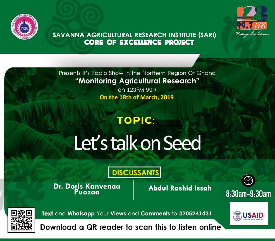 Join us this Monday so we have an in-depth look at how the seed system in Ghana and under research is thriving. 
Tune in to 99.7Mhz for those in Northern Ghana or use the link; 123 Fm on @TuneIn Radio! tun.in/sfqPb to join us.