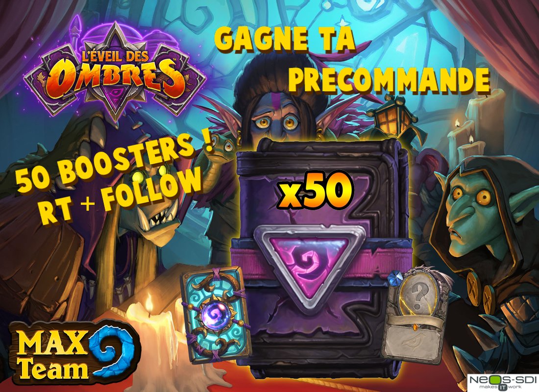 MAXTeamEsport's tweet photo. Le nouvelle extension L'Éveil des Ombres arrive ! Vous voulez gagner la précommande de 50 boosters ? La MAX Team vous l'offre ! RT ce tweet + follow @MAX_Team_HS 🤠Tirage au sort le 1er avril 🐟 (sans blague)
#HearthStone #Giveaway #RiseOfShadows https://t.co/P5qQwSYkI9