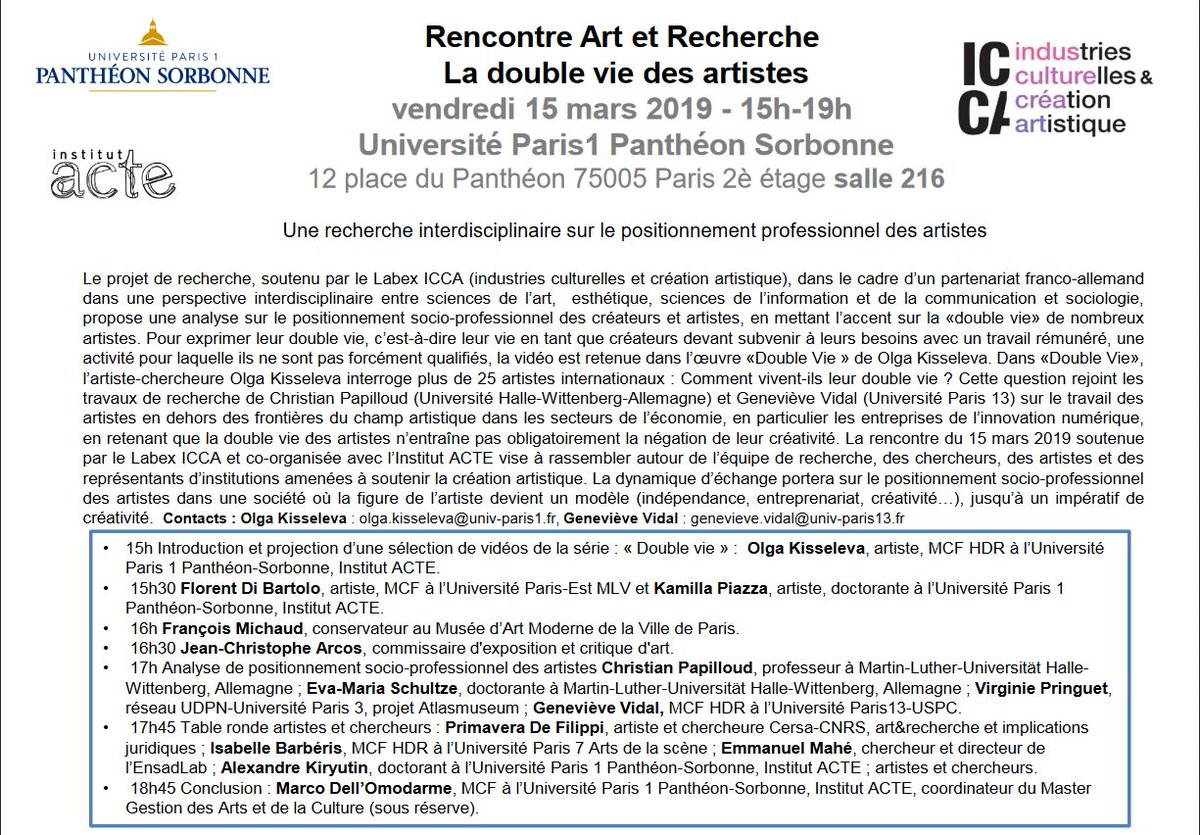 agnesvincent's tweet photo. La rencontre Art et Recherche « La double vie des artistes » se tiendra aujourdhui, 15 mars, à 15h, en Sorbonne.  Je participerai à la table-ronde. #recherche #artists #DoubleVieDesArtistes #LabexICCA https://t.co/dhiGkOlSaU