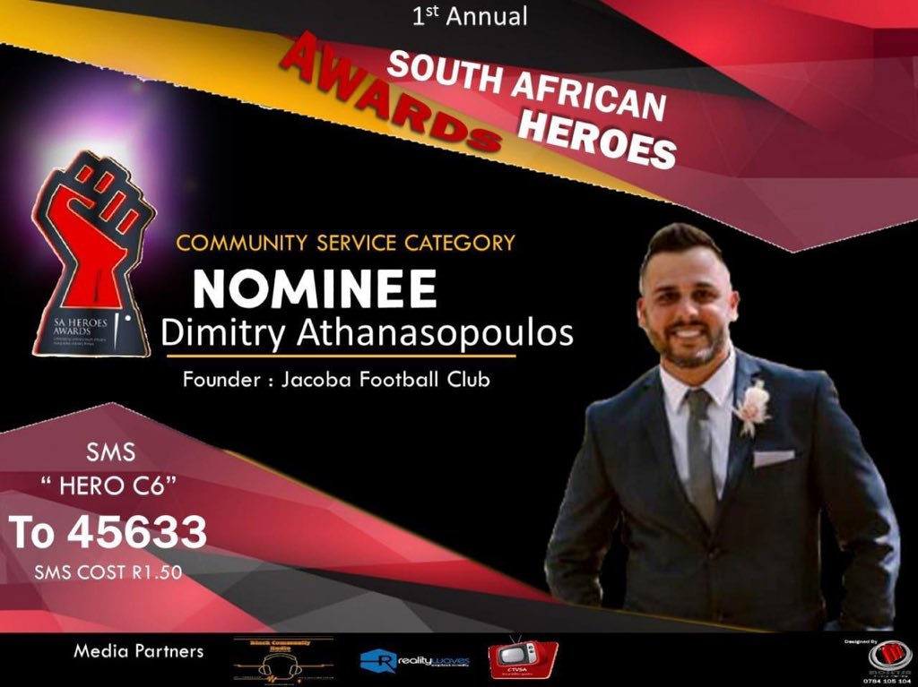 jacoba_fc's tweet image. 📣BREAKING NEWS!!!

We are proud to announce that the Chairman of @jacoba_fc Dimitry Athanasopoulos has been nominated for a #CommunityServiceAward at the 1st Annual #SouthAfricanHeroesAwards 👏🏼

Your vote would be greatly appreciated 🙌🏼