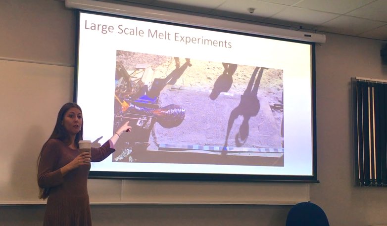 Visiting from <a href="/LMU_Volc/">LMU Volcanology</a>, <a href="/AriannaSoldati/">Arianna Soldati</a> demos large experiments from her research with the <a href="/SyracuseLava/">Syracuse Lava</a> project where they pour #magma on the floor, for science!