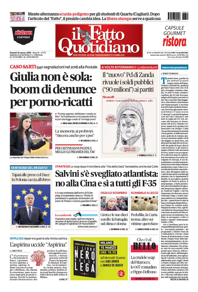 Il fatto quotidiano di oggi in edicola