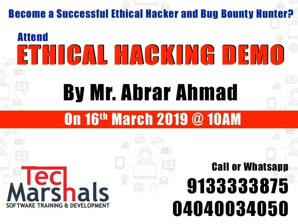 TechMarshals's tweet photo. ETHICAL HACKING DEMO By Mr. Abrar Ahmad On 16th March 2019 @ 10AM
#TechMarshals Offering #EthicalHacking & #BugBounty #Training Program. https://t.co/q2uOZr6nzG