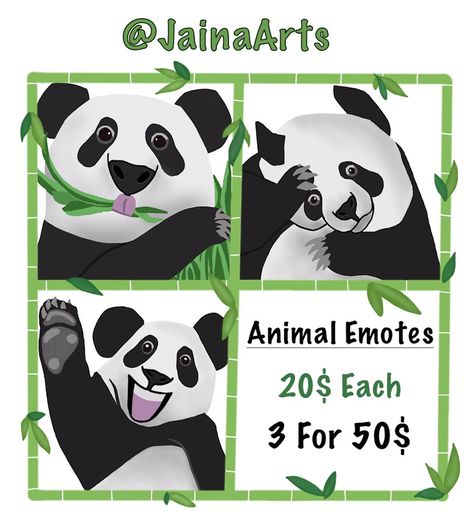 JainaArts's tweet photo. Hi, everyone! My DMs are now open for custom (#animal?) #emotes, #icons and #badge commissions!
Please RT.
#twitchemoteartist #emoteartist #twitch #visiblewomen #portfolioday #animalemotes #panda #yticon https://t.co/L27t6Lshpz