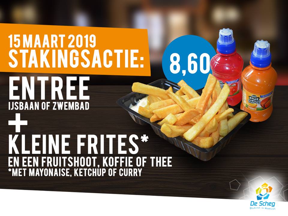 Maak je op voor #Stakingsdag
Vandaag gaan leraren in Nederland staken. Voor de kinderen (en volwassenen) die vrij zijn hebben wij een gave actie opgezet!
Voor slechts 8,60 euro krijg je entree tot de ijsbaan of het zwembad, een heerlijk bakje friet met saus én een frootshoot!