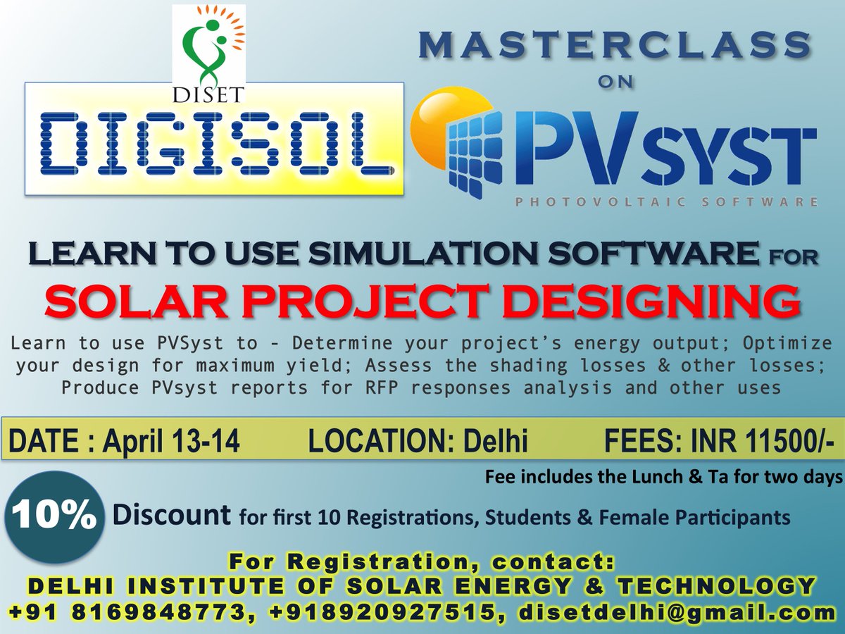 DelhiSolar's tweet image. “Designing becomes the building block for the best PV Systems”
Avoid underperforming, low Generation and maximize the savings. 
Attend the Master Class on PV Syst by DISET
Enrol now. 
Contact:
• +91 8169848773
• +91 8920927515
• disetdelhi@gmail.com
#Solarenergy #PV #PvSyst