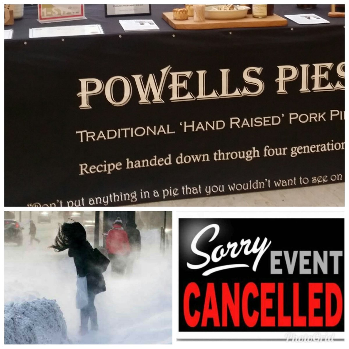 PowellsPorkPies's tweet photo. Due to the adverse weather conditions, @TasteCheshire have made the sensible decision to cancel the #Chester #FarmersMarket tomorrow. You can still find us @HeswallFmrMrket & #Faddiley Artisan tomorrow and @lymmsunmarket on Sunday... https://t.co/XjAdPU4o52