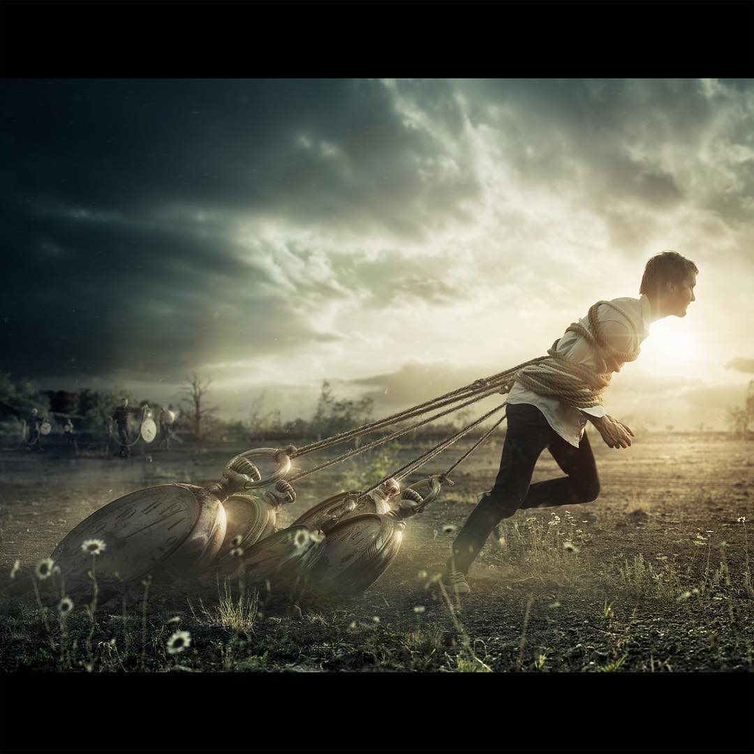 TitinaFont's tweet photo. Photo by @tackochgodnatt : “Give me Time” An image about going through life with increasing amount of obligations, people just want to borrow a little bit of your time but time is not borrowed, it’s taken and never returned. 
#erikjohansson #surrealphotographer
#givemetime https://t.co/xD34C2oUi4
