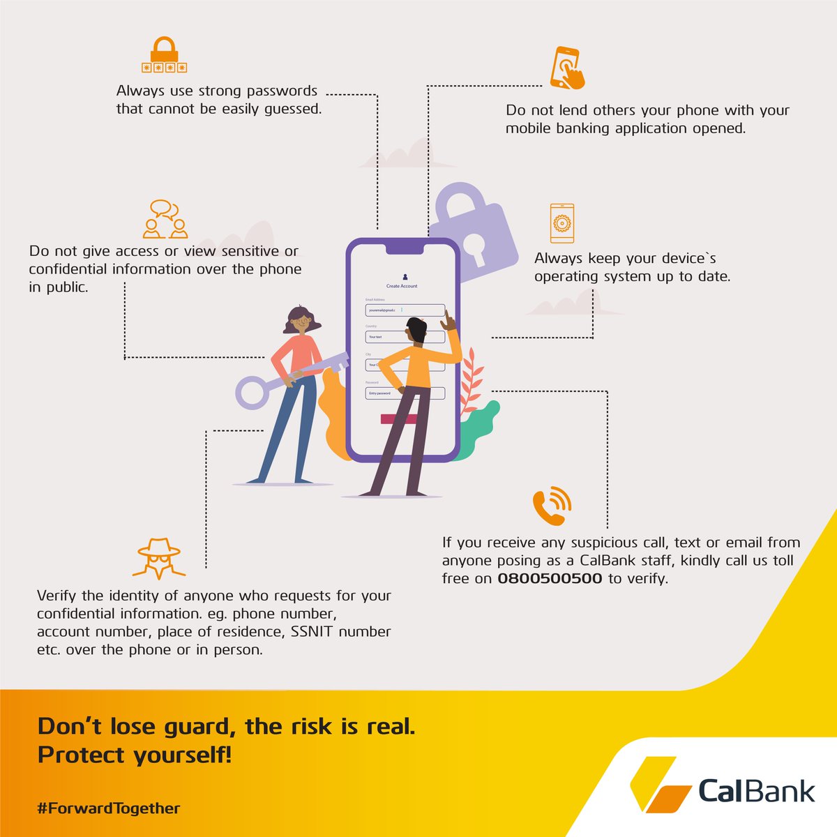 CalBankPLC's tweet photo. Don't lose guard! Protect yourself and have a wonderful weekend!
#PhoneSecurityTips
#FantasticFriday
#TGIF
#ForwardTogether https://t.co/ovbiJTewfT