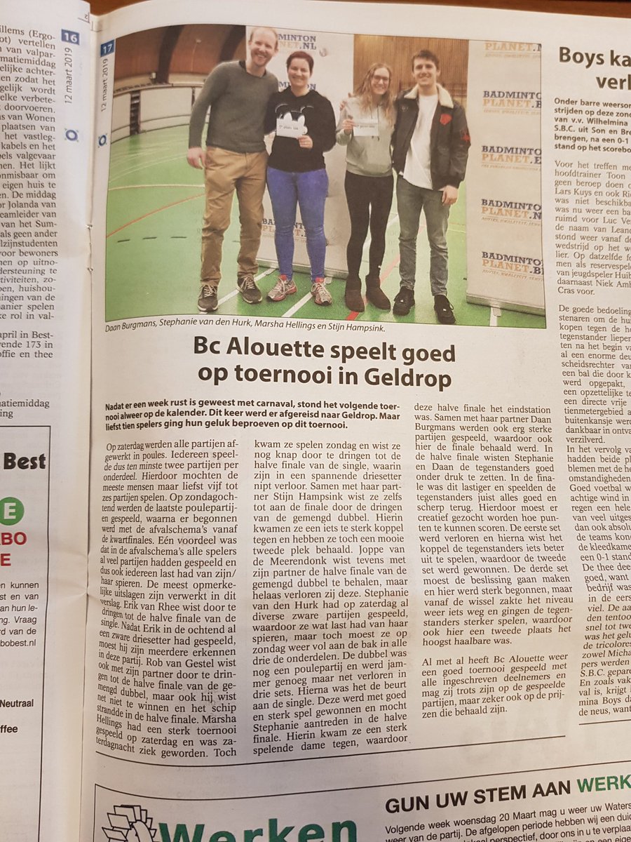 Krantenartikel Groeiend Best van dinsdag 12-3-2019 over het Geldrop toernooi.