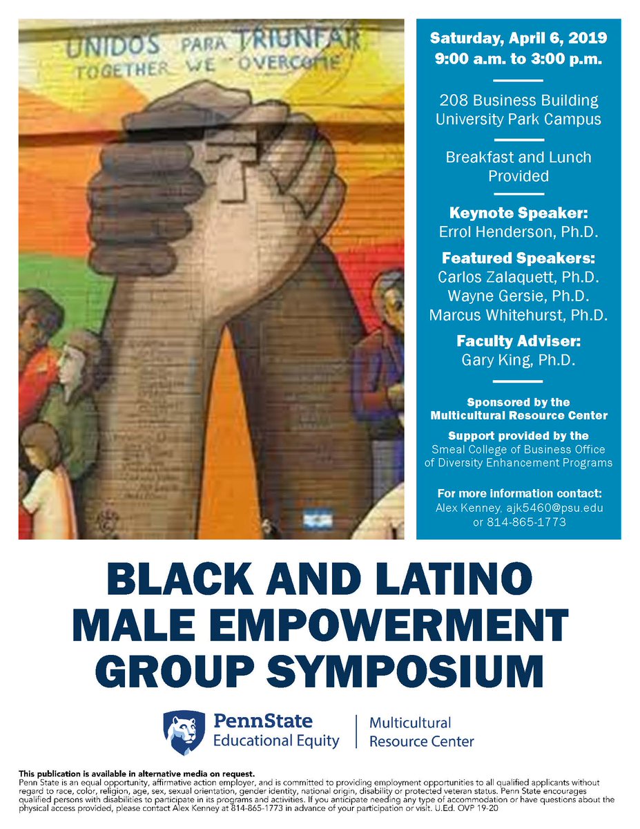 MRCpennstate's tweet photo. Mark your calendars! The annual Black and Latino Male Symposium is right around the corner. Join us on April 4th for some great speakers and enriching conversation. Check out the flyer for more details! https://t.co/3IJSYrFPzp