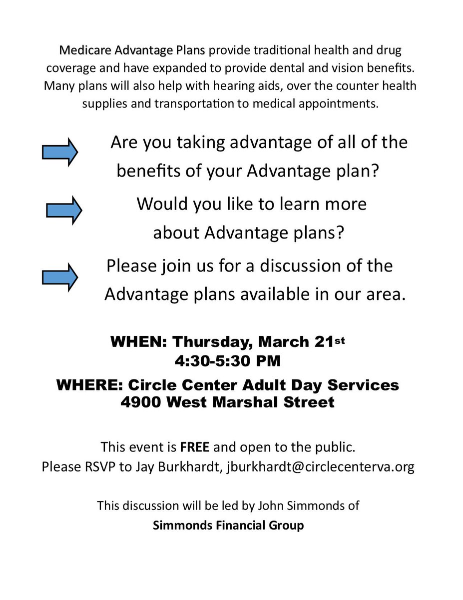 CircleCenterADS's tweet photo. Join us on Thursday from 4:30-5:30 to learn more about Medicare Advantage Plans. Free and open to the public! https://t.co/TlqJ2NHvQ1