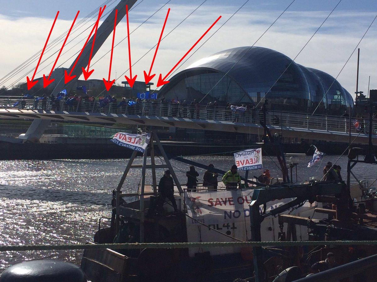 Pro-EU demonstration on the millennium bridge, Newcastle upon Tyne, today - complete  with EU flags.

(Foreground [forewater!] are Leavers.)

@blaiklockBP @NE4EU @GuitarMoog

🎩 @BBCFHewison