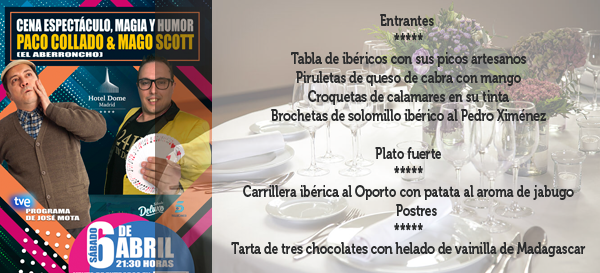 SpainDirect's tweet photo. Cena de lujo en el @HotelDomeMadrid, humor del bueno con el @AberronchoTV y magia para flipar con el @magoscott... el 6 de abril #NocheMágicaDome ¡deberías tener un detalle con esa persona especial! 😏 

➡ https://t.co/OipFQBV4yX https://t.co/mNUSEfWUlE