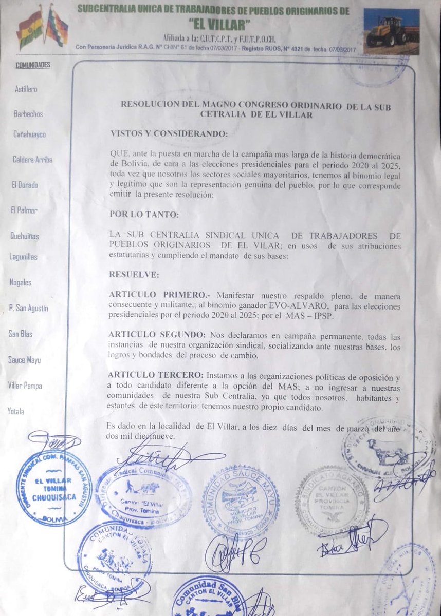 JDFATOS's tweet image. Publicamos la siguiente Resolución de la Subcentralia el Villar en apoyo contundente al binomio Evo-Alvaro 20-25, la resulucion fue emanada en el XXIX Congreso Ordinario de la Subcentralia El villar de fecha 09 y 10-03-2019.

#COORDINACION
#JDFATOS