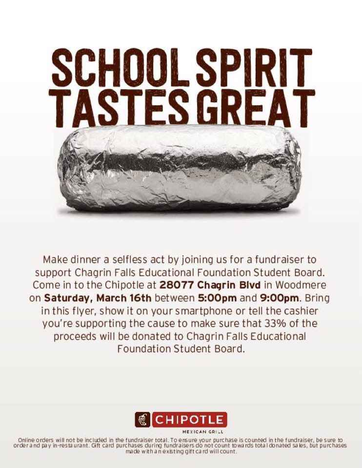Please come to Chipotle this Saturday from 5:00 to 9:00 to help the Educational Foundation’s Student Board! Make sure to spread the word!