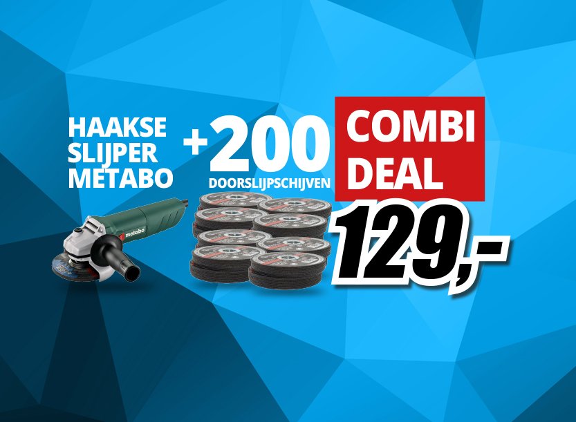 COMBIDEAL: Ontvang 200 DOORSLIJPSCHIJVEN (125 x 1,0 x 22,2) bij
een METABO HAAKSE SLIJPER 125mm, 750W. 

Online bestellen kan hier: bit.ly/2UC90N5 

#actie #combideal #zolangdevoorraadstrekt