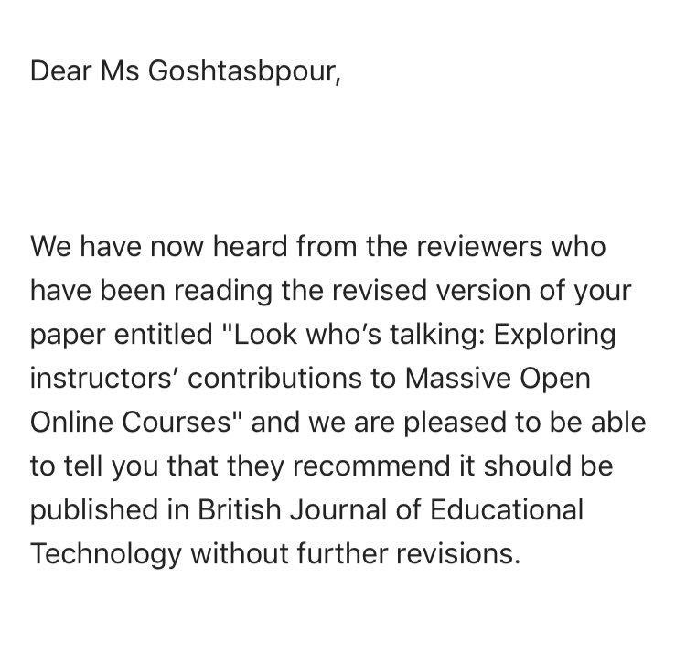 GFereshte's tweet photo. Got accepted! The first paper based on my Phd project :) @DigEduLeeds #mooceducator #moocinstructor https://t.co/TkAA3UG1uE