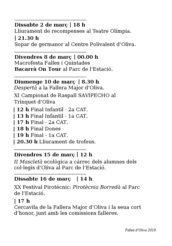 GentdOliva's tweet photo. ¡Comienzan las fallas! Desde Gent d'Oliva os deseamos a todos unas felices fiestas falleras. Y recordad que en la Agenda de Fiestas de la web del @AjuntamentOliva tenéis la programación completa tanto de las fallas como de la Semana Santa y la Diocesana. https://t.co/JvdbJVIunQ https://t.co/tnjSPucXie