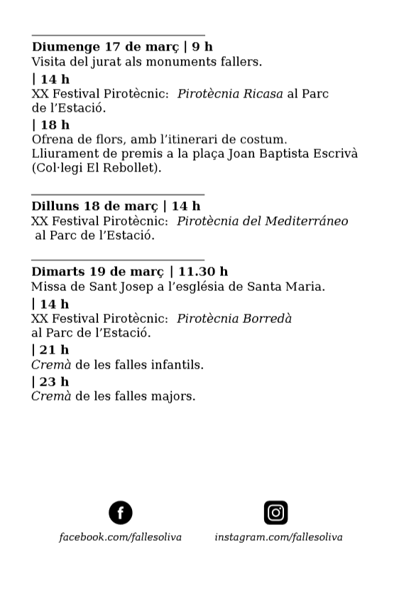 GentdOliva's tweet photo. ¡Comienzan las fallas! Desde Gent d'Oliva os deseamos a todos unas felices fiestas falleras. Y recordad que en la Agenda de Fiestas de la web del @AjuntamentOliva tenéis la programación completa tanto de las fallas como de la Semana Santa y la Diocesana. https://t.co/JvdbJVIunQ https://t.co/tnjSPucXie