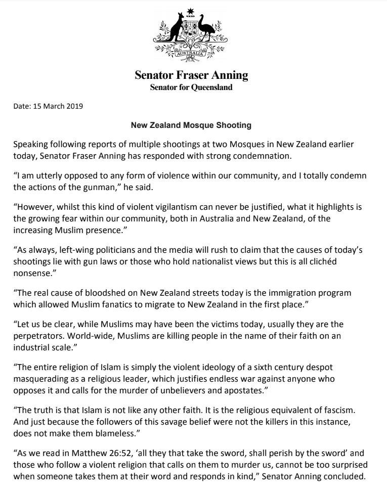 ... <a href="/fraser_anning/">Fraser Anning Official</a> - What a poor excuse for a human being. #NZMosqueShooting